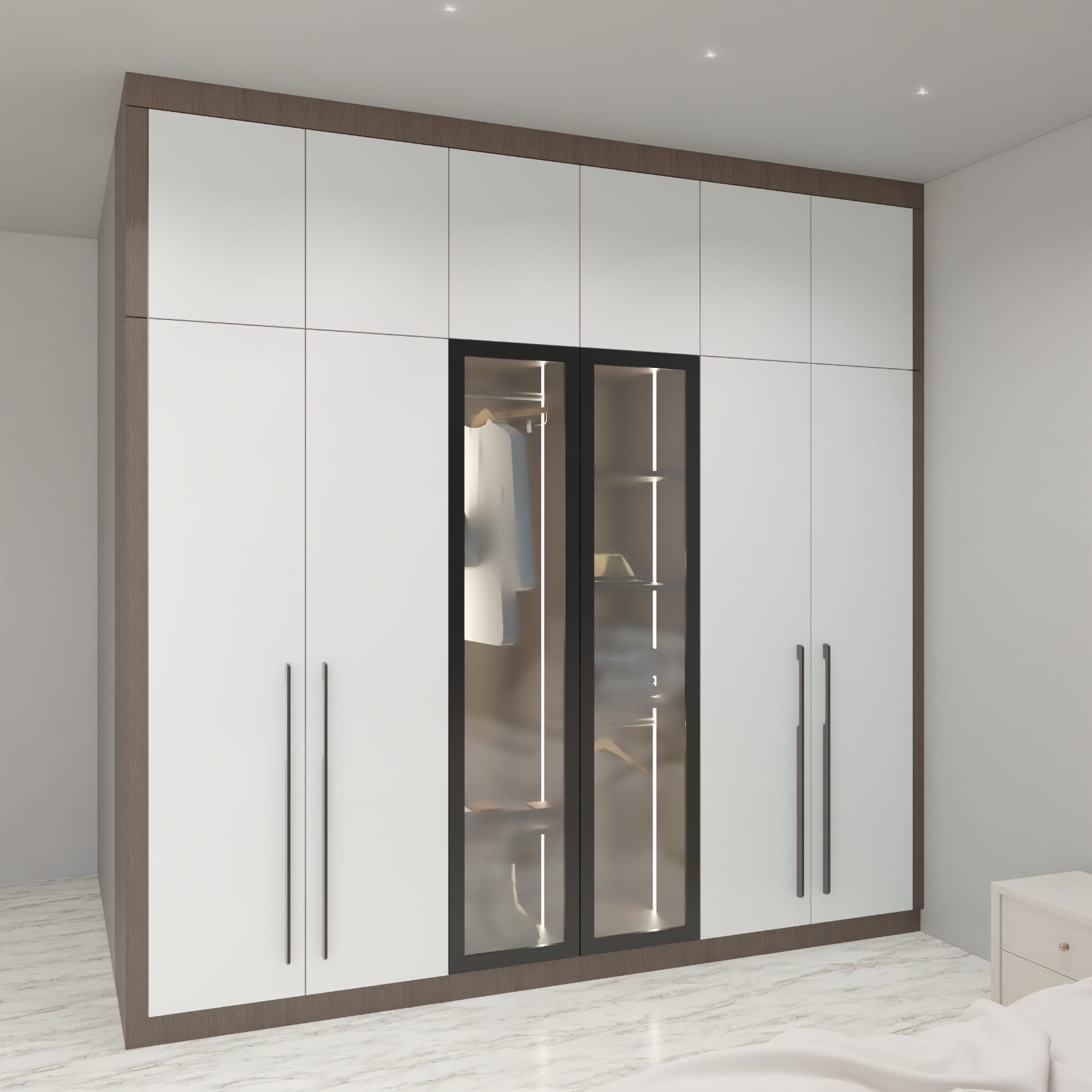 A 3D render of a six-door hinged wardrobe in white with a wood surround and two backlit glass-fronted centre sections
