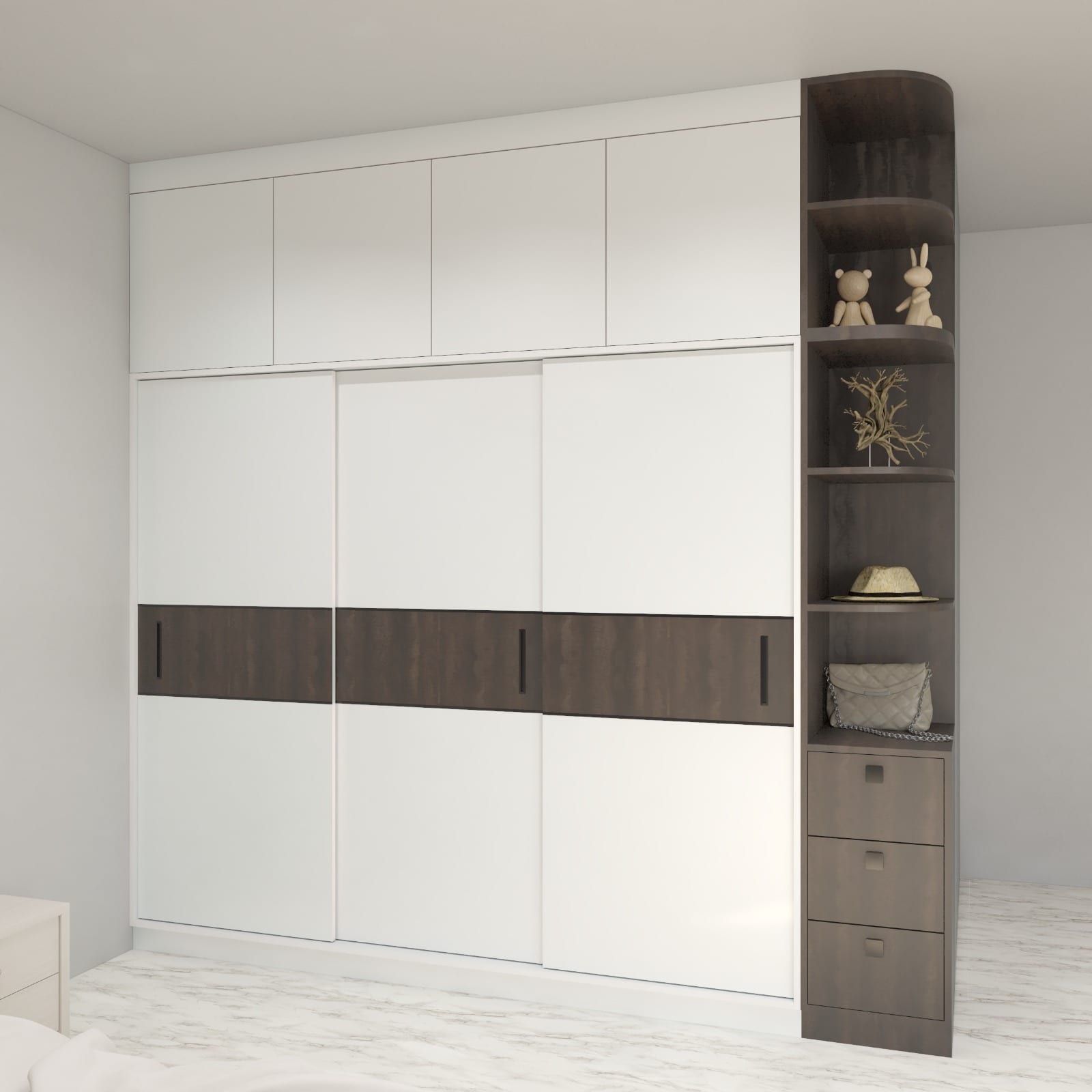 A 3D render of a three-panel sliding wardrobe in white with a dark wood band, loft units above and a display column beside it