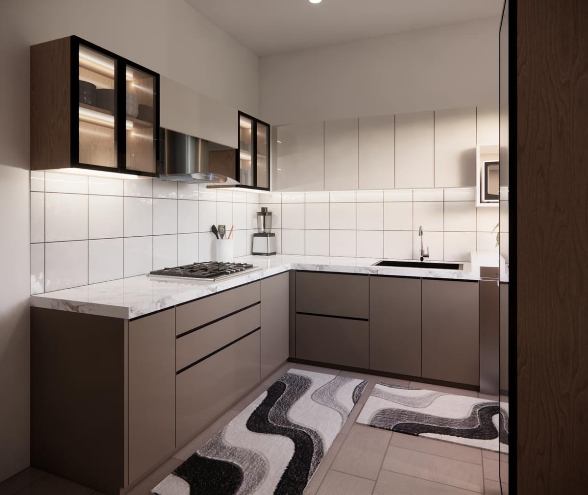 An L-shaped kitchen in brown and white