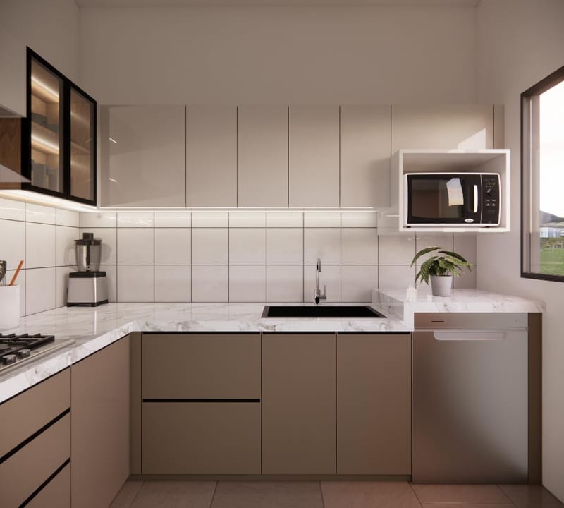 A kitchen run with a built-in dishwasher and microwave housing